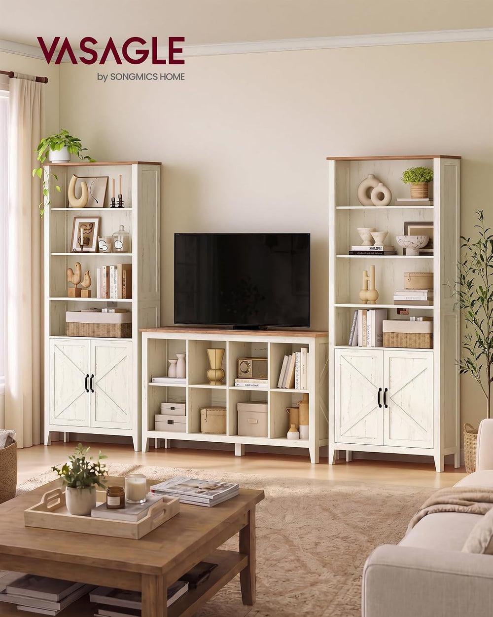 VASAGLE Farmhouse Bookshelf, 6-Tier Bookcase with Doors