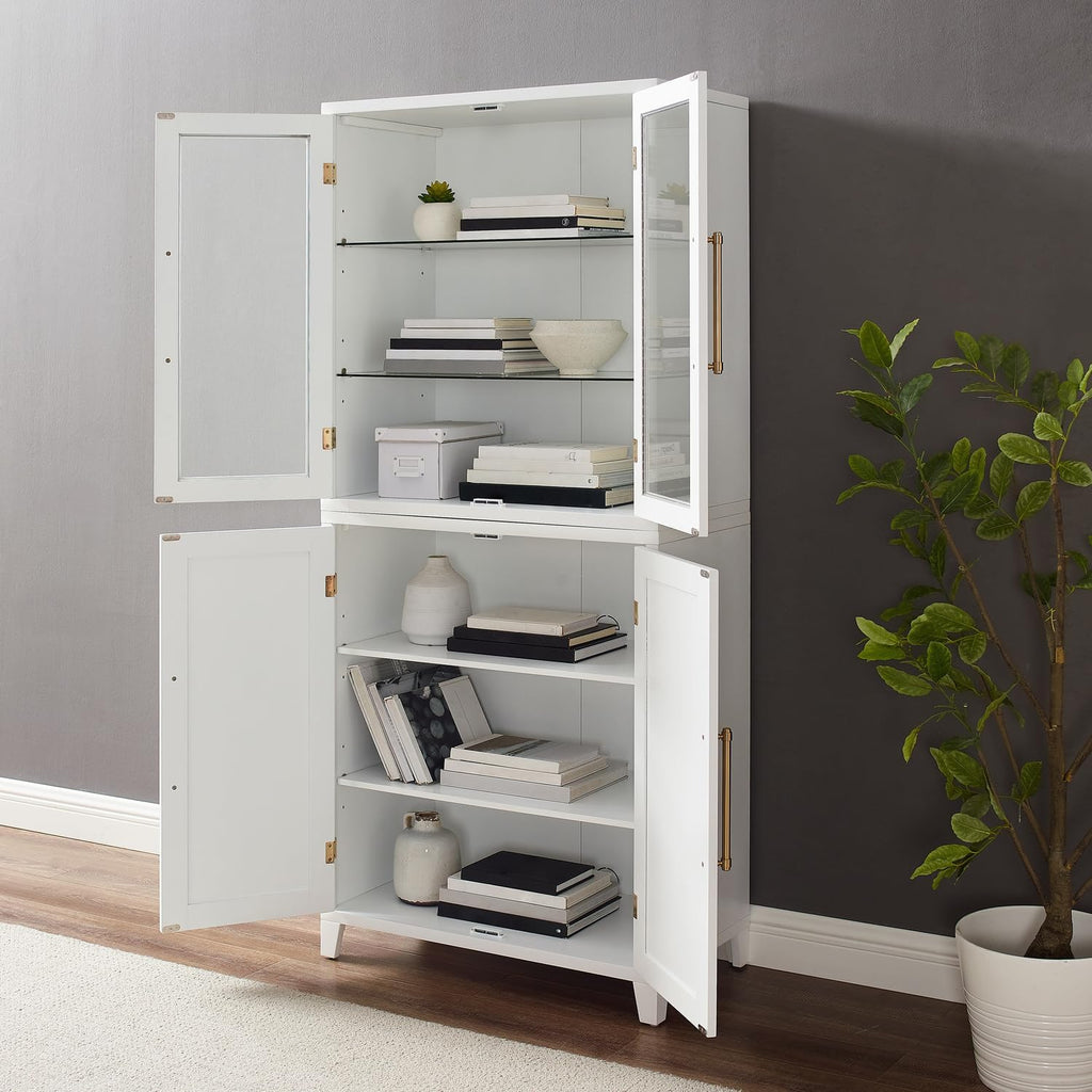 HomeStock Pantry Storage Cabinet with Glass Door - White Wood Kitchen Hutch & Shelves - 30" W x 15.75" D x 70.63" H