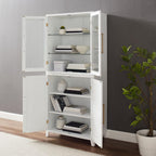 HomeStock Pantry Storage Cabinet with Glass Door - White Wood Kitchen Hutch & Shelves - 30" W x 15.75" D x 70.63" H