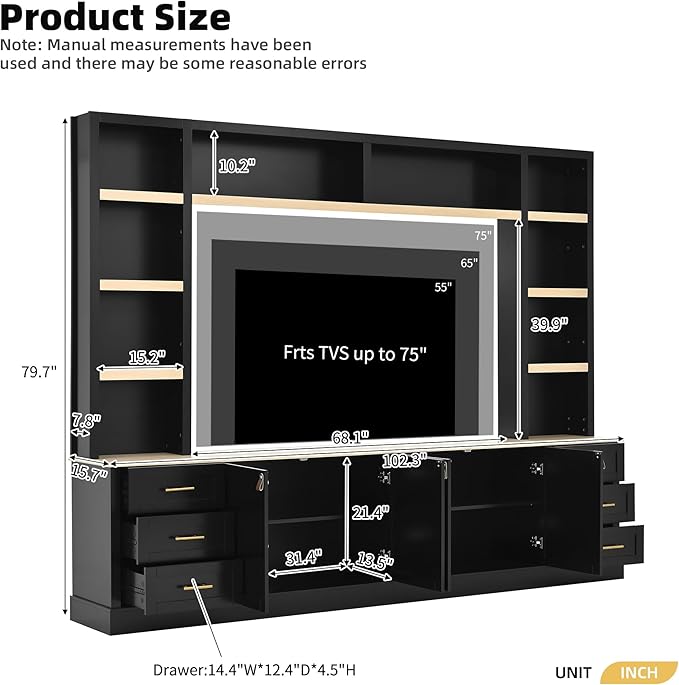 Merax 102.3 Inch Wide Farmhouse Entertainment Center, Rustic TV Stand with 6 Drawers & Adjustable Shelves, Large Media Console for TVs up to 75", Modern Bookshelves Wall Unit, Black