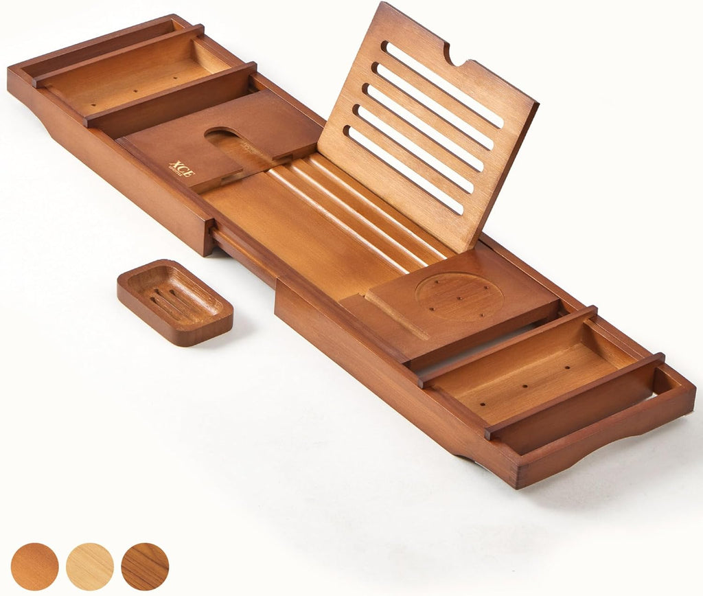 XcE Bamboo Bathtub Caddy Tray - Expandable to 41 Inches with Book Stand, Soap Holder & Anti-Slip Pads for Luxury Bath Spa, Brown