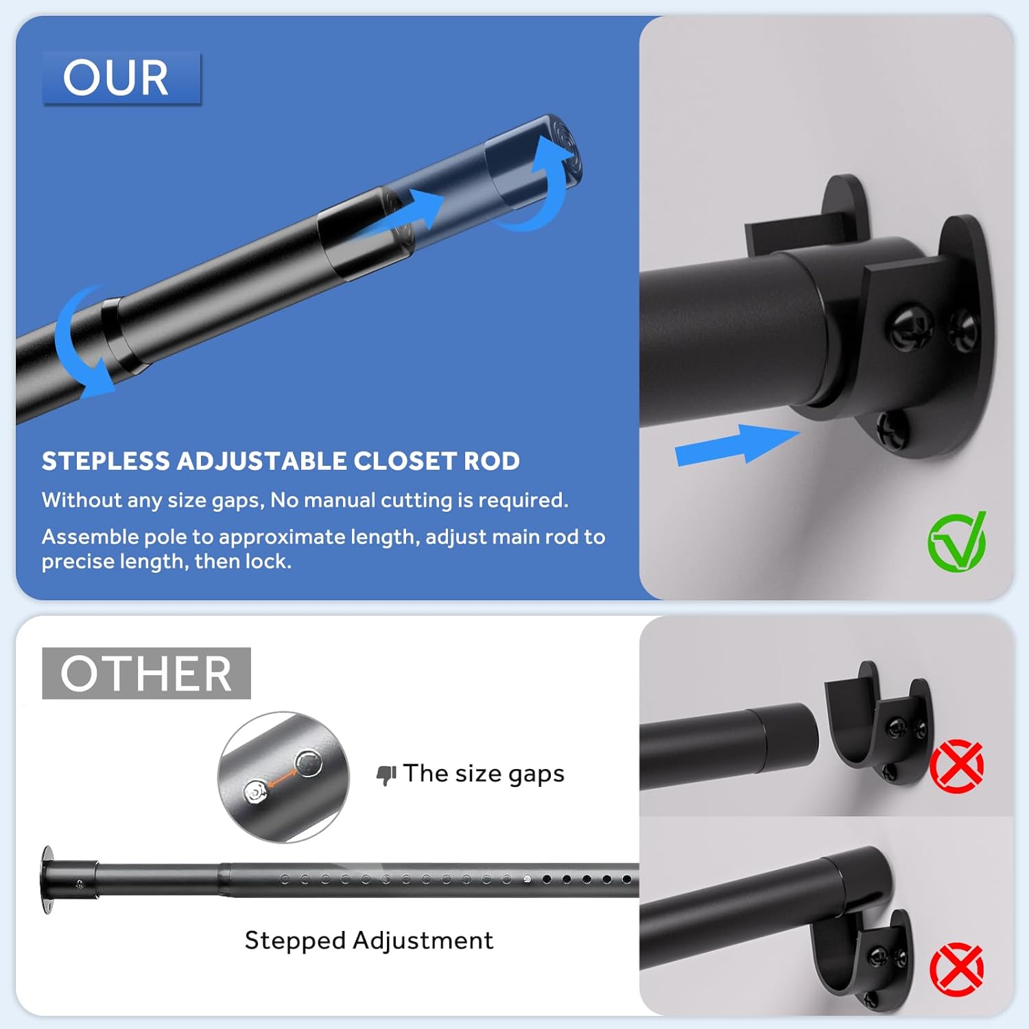 Closet Rod, 17 to 38 Inch Adjustable Closet Bar for Hanging Clothes, Heavy Duty Clothes Hanging Rod Closet Poles for Wardrobe, Laundry, Bathroom, Windows, Matte Black, 1.3 Inch Diameter