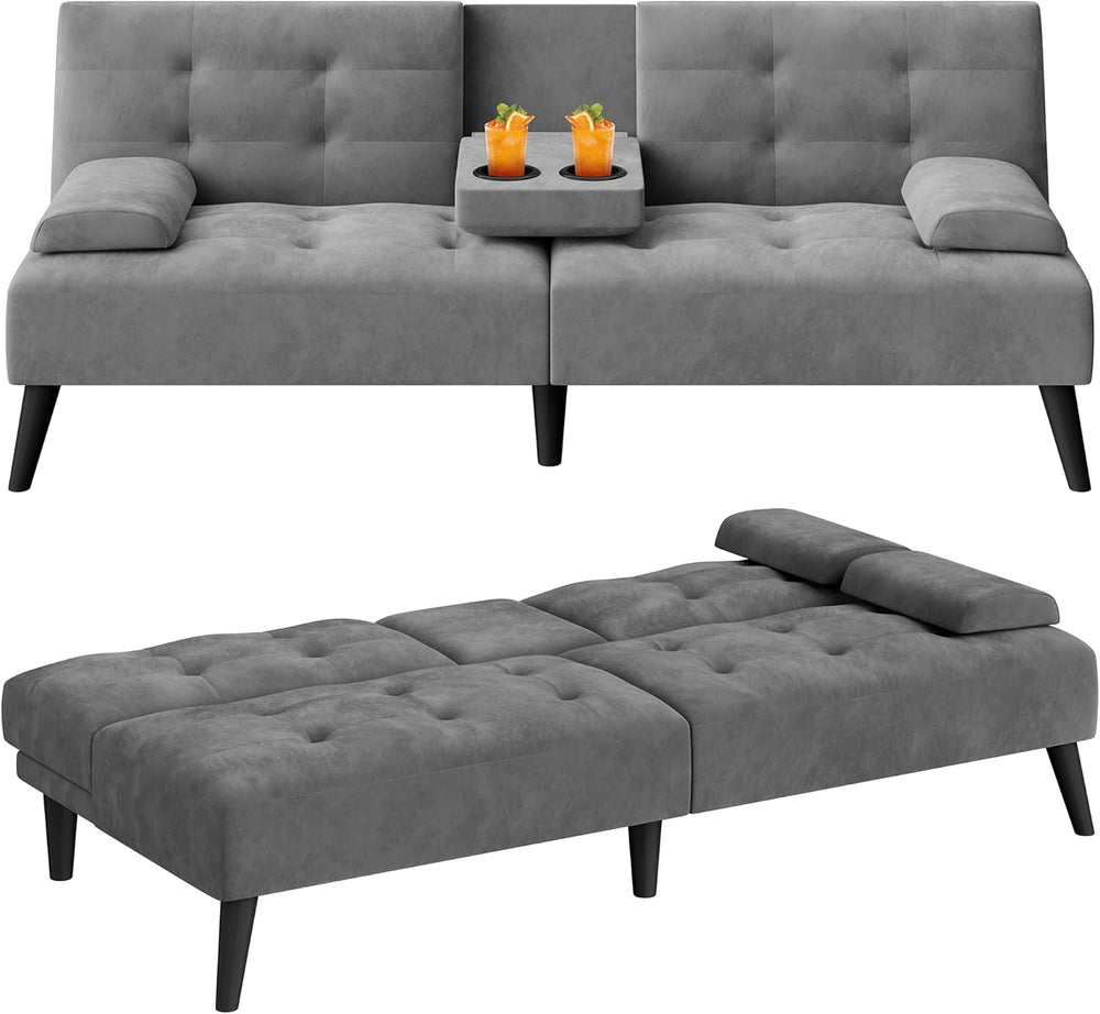 64" Futon Sofa Bed, Convertible Loveseat with 2 Cup Holders, Small Couch...