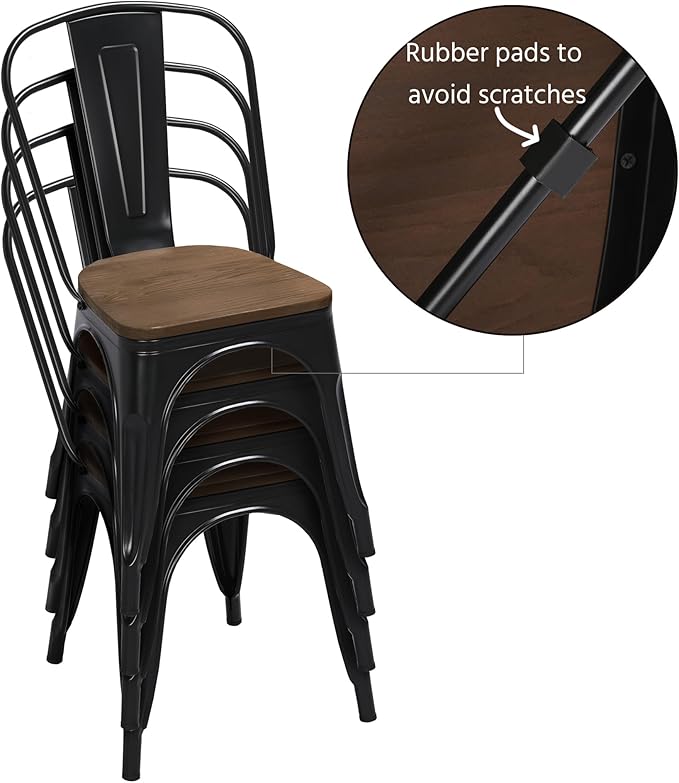 Yaheetech Metal Dining Chairs Set of 4, Industrial Stackable Kitchen Chairs with Wood Top Seat for Dining Room/Restaurant/Bistro/Patio, Indoor & Outdoor Use, Black