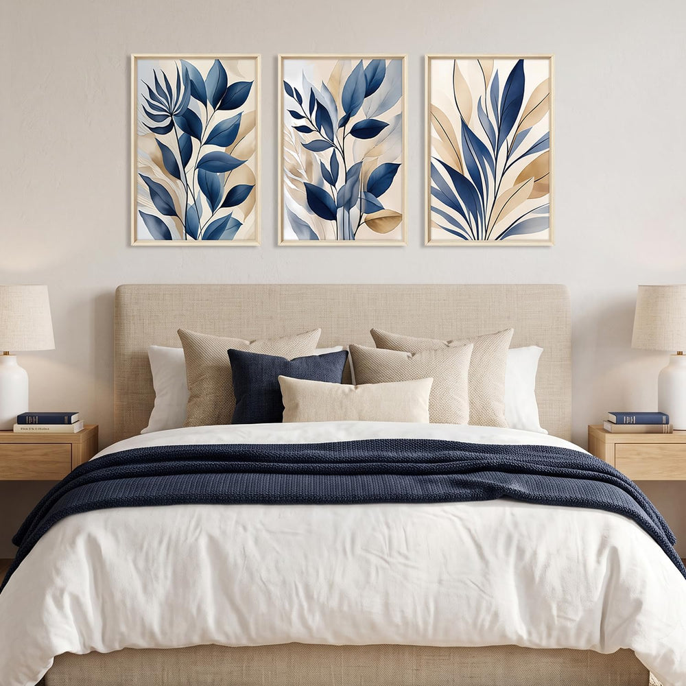 HOURIA Navy Blue Neutral Tan Leaf Framed Canvas Wall Art Set-16"x24"x3