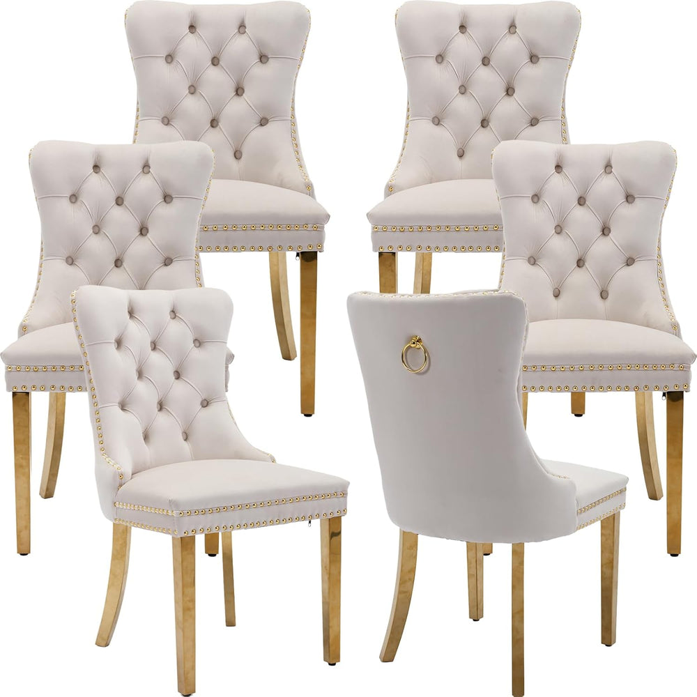 Velvet Dining Chairs Set of 6, Tufted Upholstered High Wingback Chairs with N...