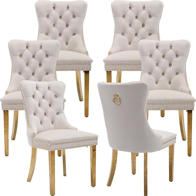Mid Century Modern Dining Chairs Set of 6, Beige Velvet Upholstered Tufted Back, Kitchen & Dining Room Chairs, Gold Metal Legs, Nailhead Trim, Sillas para Comedor (Beige, 6 Pcs)