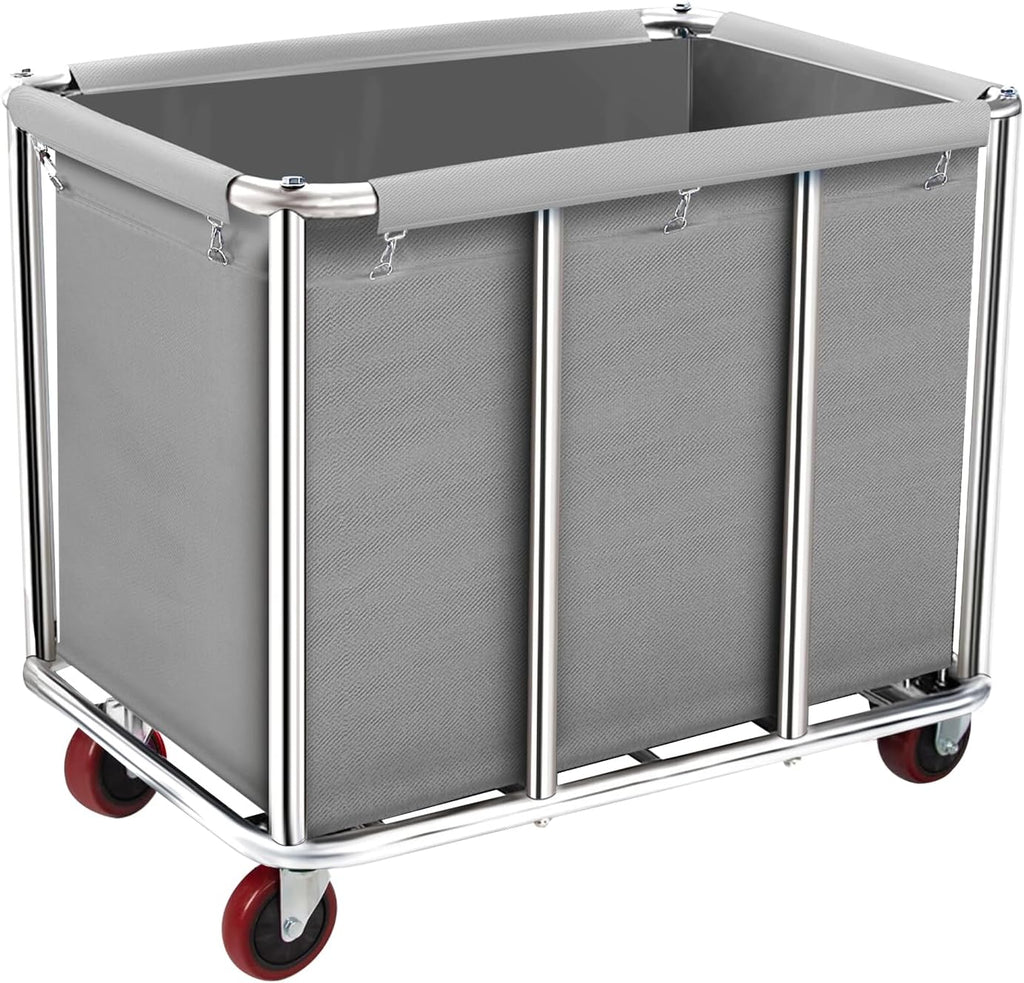 Commercial Laundry Cart on Wheels, 11.35 Bushels Large Roller with Removable Waterproof Canvas Lined Basket, Heavy Duty Stainless Steel for Hotels and Hospitals