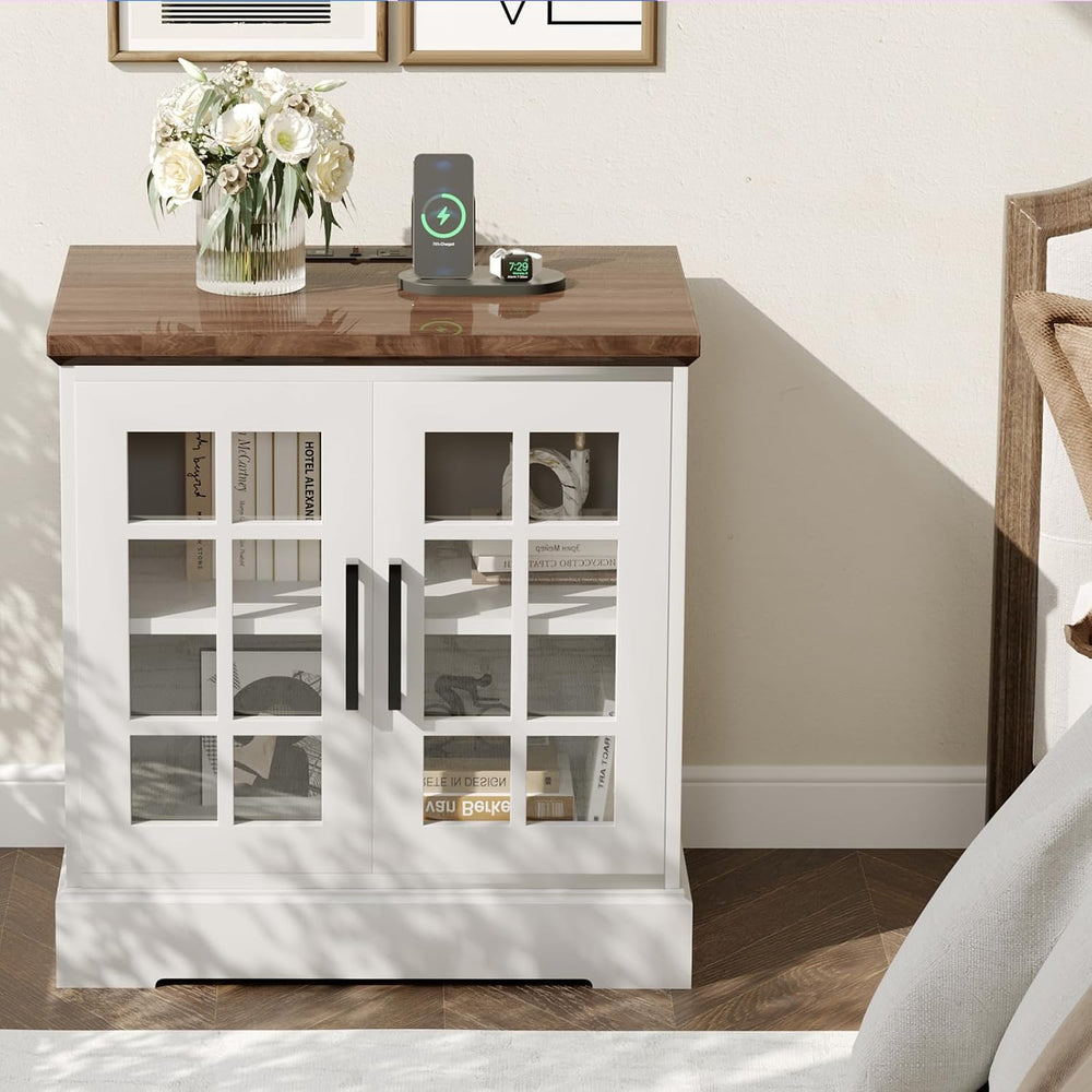 24" Farmhouse Nightstand with Charging Station, End Table with Tempered ...