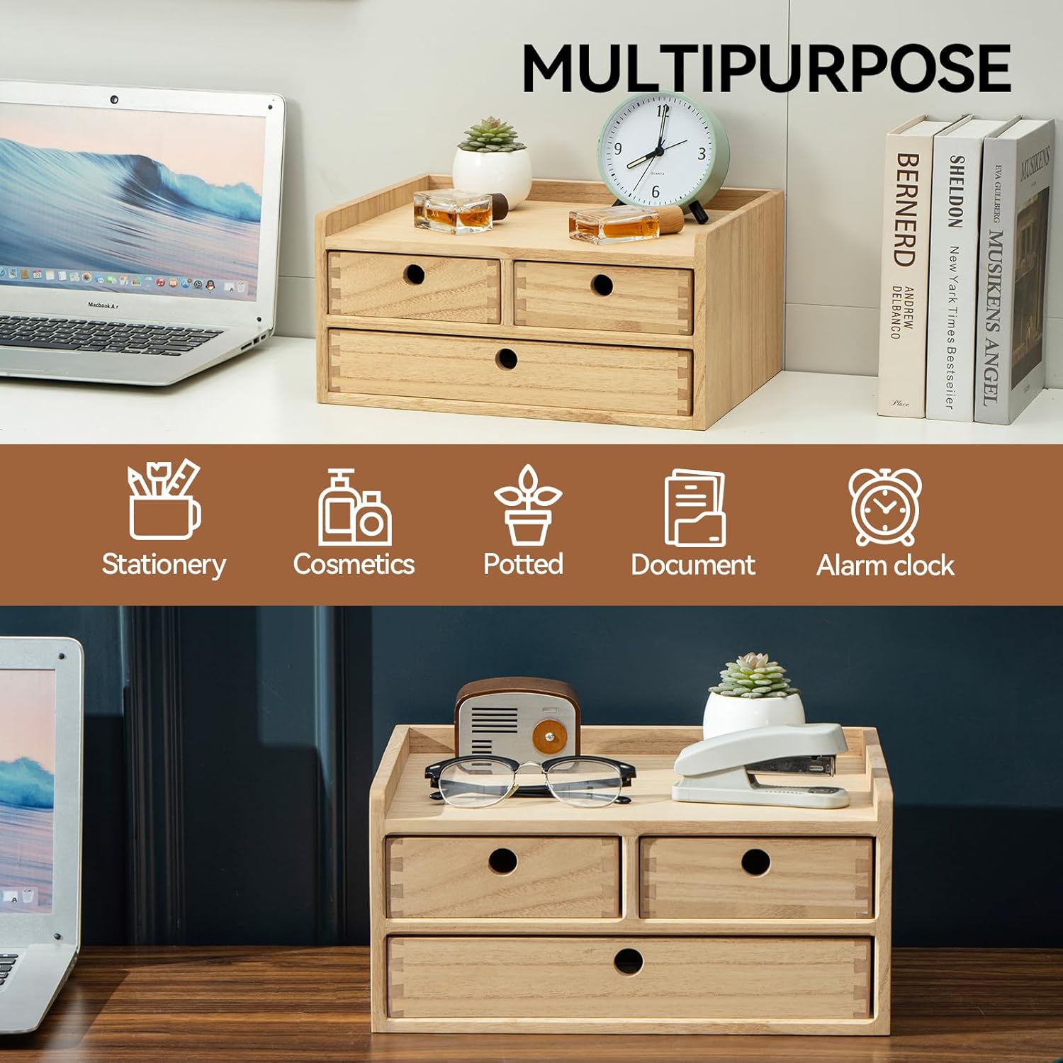 KIRIGEN Wood Organizer Shelf with 3 Drawers for Home Kicthen Decor Office Supplies Desktop Cabinet for Drawer Organizer - Desk Accessories Storage Box -Countertop Shelf Natural（DT2D3C-NA）