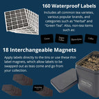 AllSpice Tea Organizer Rack with 9 Tins & 160 Magnetic Labels – Perfect for Bagged & Loose Leaf Tea Organization - Black