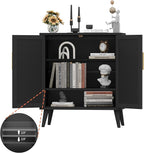 Rovaurx Rattan Storage Cabinet with Doors, Accent Bathroom Floor Cabinet, Modern Sideboard Buffet Cabinet for Living Room, Entryway, Dining Room and Kitchen, Black BMGZ108B