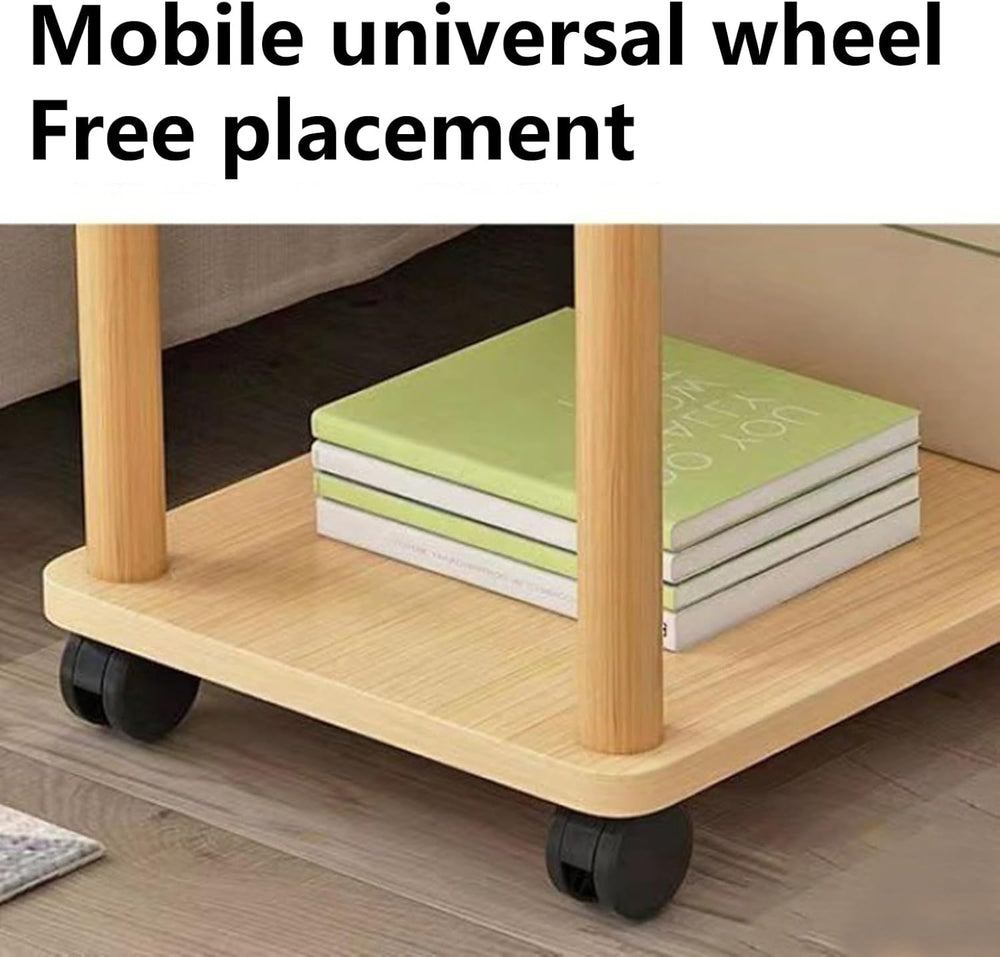 Rolling End Table with Wheels, 2-Tier 150lb Shelf, MDF Top Solid Wood Frame, ...