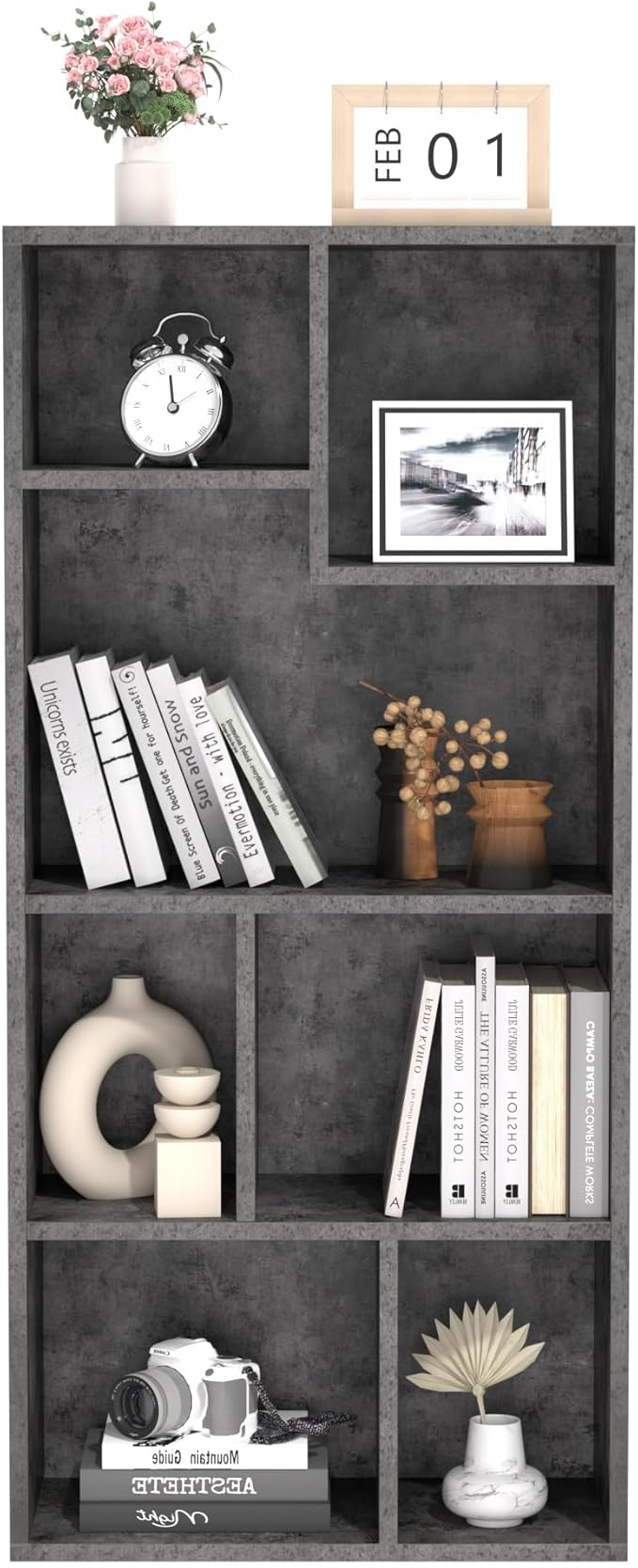 VECELO 42" Contemporary Bookshelf, 7 Cube Organizer Bookcase,Fits Tallest Hardcovers, Horizontal Available,Floor Standing Display,Easy Assembly, Modern Gray