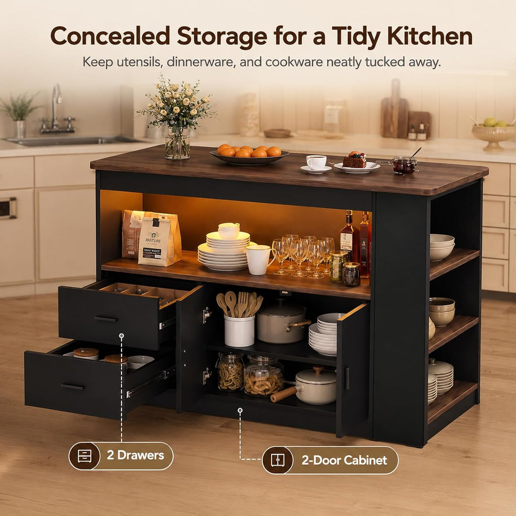 Kitchen Island Table with Storage, Large Kitchen Island with LED Light, Counter Height Table for Kitchen, Dining Room, Coffee Bar