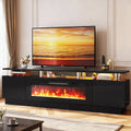 90" Fireplace TV Stand, 2-Tier LED Entertainment Center with 50" Fireplace, Fits TVs up to 100", Modern High Gloss TV Console with LED Lights & Storage Cabinets for Living Room, Black + Black