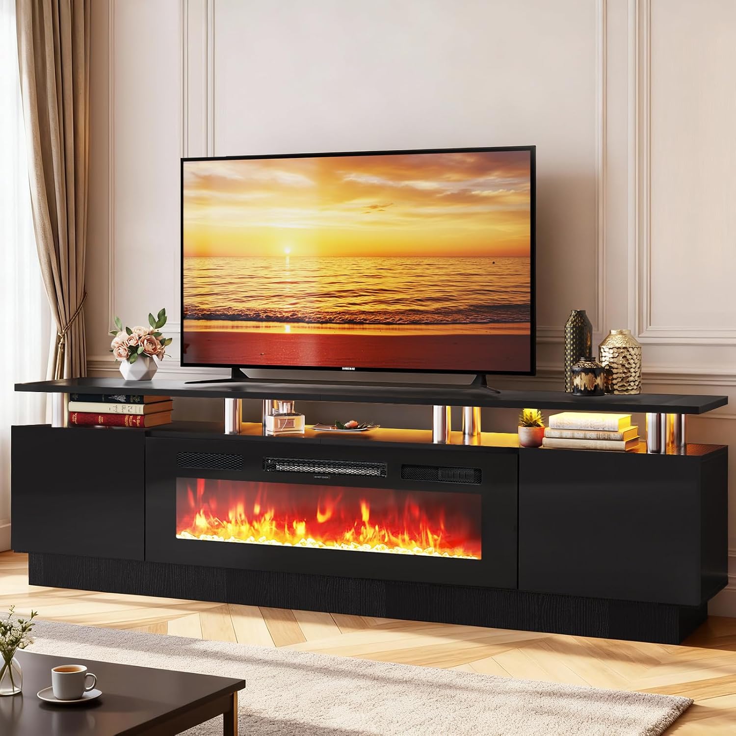 90" Fireplace TV Stand, 2-Tier LED Entertainment Center with 50" Fireplace, Fits TVs up to 100", Modern High Gloss TV Console with LED Lights & Storage Cabinets for Living Room, Black + Black