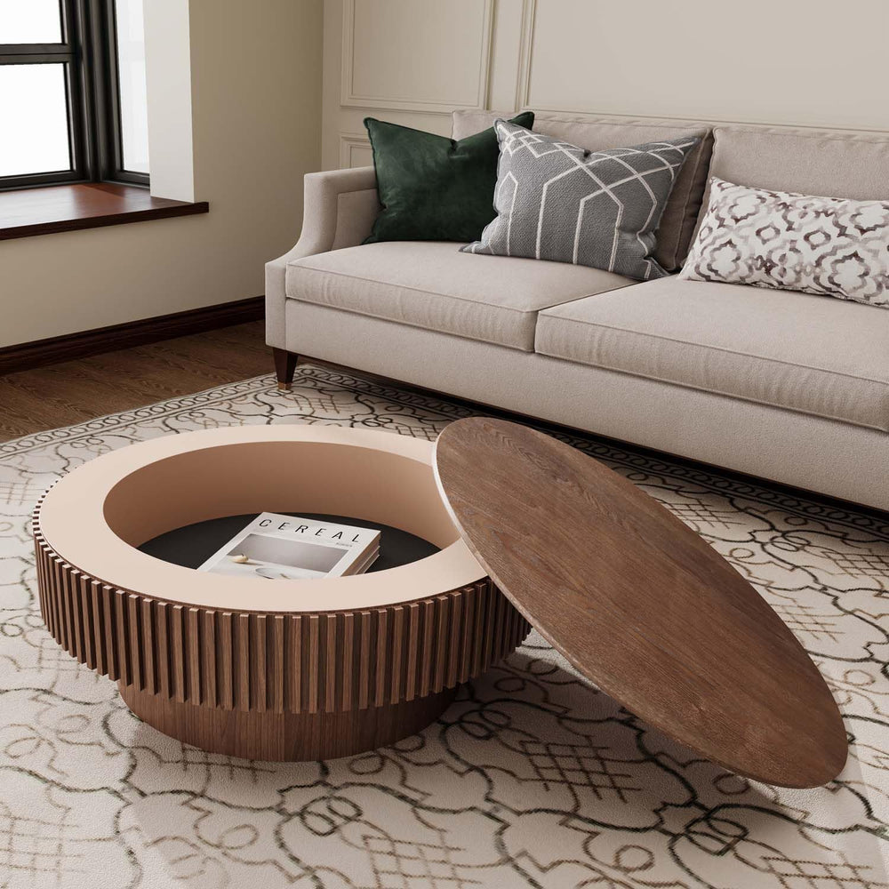 Round Coffee Table with Storage, Modern Wooden Coffee Table