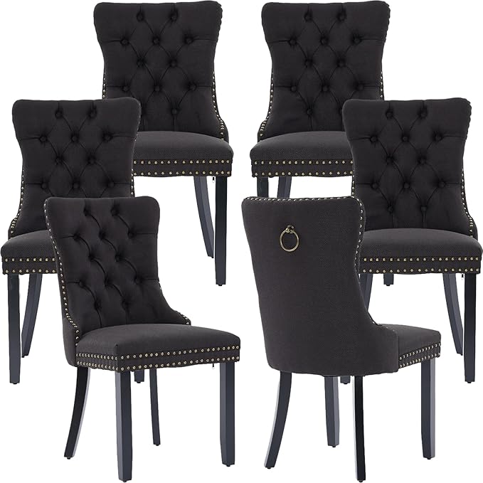Modern Dining Chairs Set of 6, Tufted Upholstered Dining Chairs with Solid Wood Legs, Black Linen Fabric Kitchen Chair, Sillas de Comedor, Comfy Kitchen Chair (Black, Linen, 6Pcs)