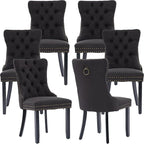 Modern Dining Chairs Set of 6, Tufted Upholstered Dining Chairs with Solid Wood Legs, Black Linen Fabric Kitchen Chair, Sillas de Comedor, Comfy Kitchen Chair (Black, Linen, 6Pcs)
