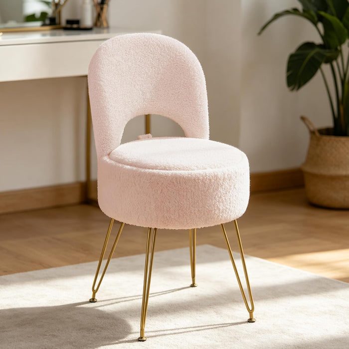 LITZFUR Round Vanity Stool with Storage & Folding Back, Pink Makeup Chair