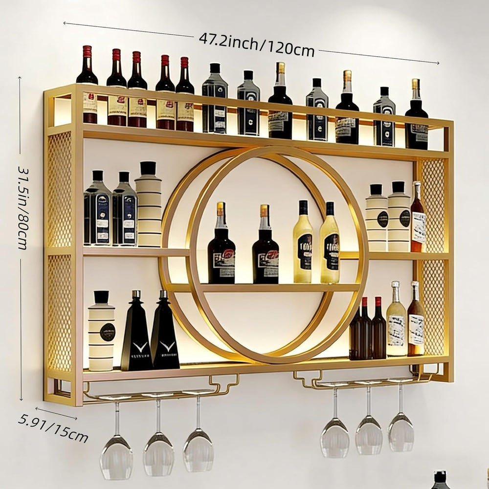 47.2" Wall Mounted Wine Rack with LED Light and Glass Holder | Industria...