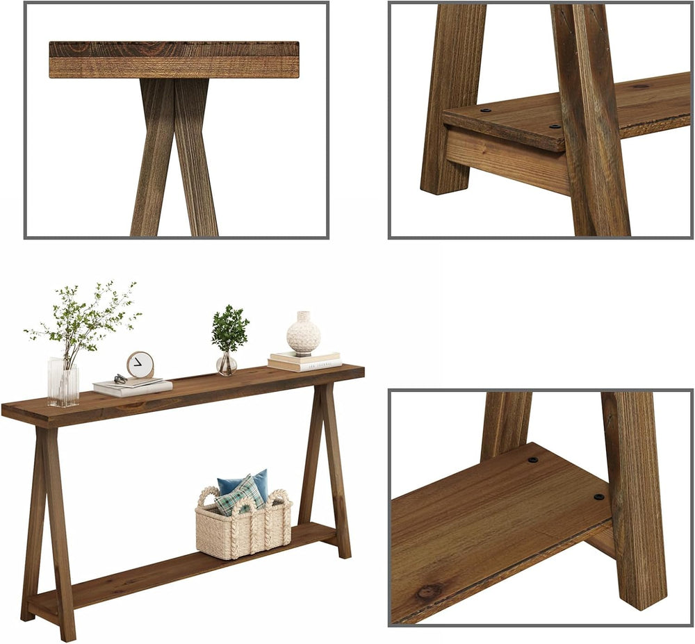 Farmhouse Console Tables for Living Room, 63" Solid Wood 2-Tier Sofa Tab...