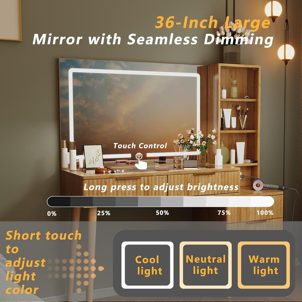 Fluted Vanity Desk with 36" LED Mirror, 48" Modern Makeup Table wit...