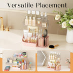 Rotating Makeup Organizer w/Makeup Brush Holder, 2 Tier Bathroom Countertop Organizers, Large Cosmetic Organizer Countertop, Vanity Organizers and Storage for Skincare, Lotion, Lipstick -Pink
