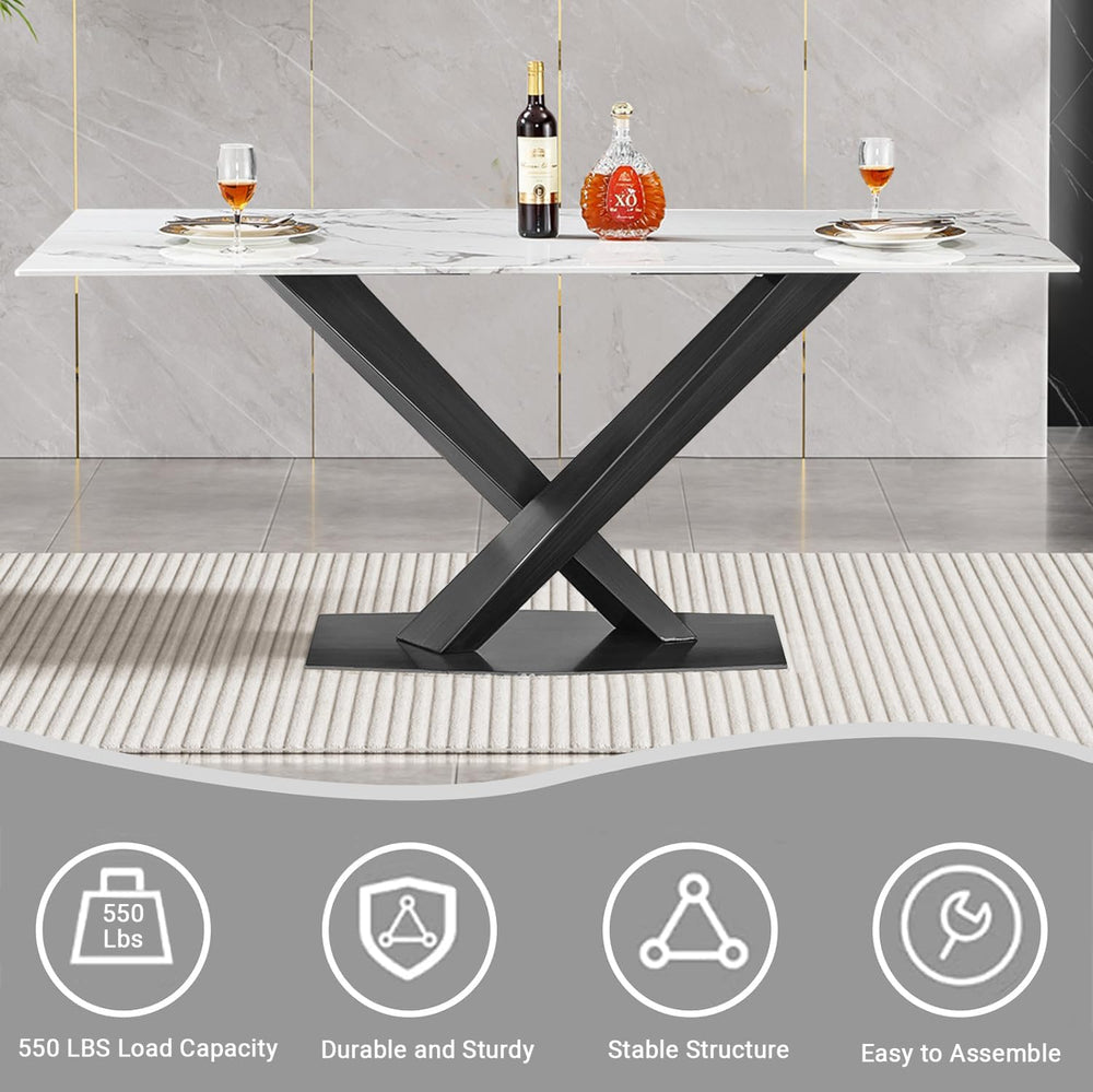70in Faux Marble Dining Table for 6-8 Person, Modern White Kitchen Dining Roo...