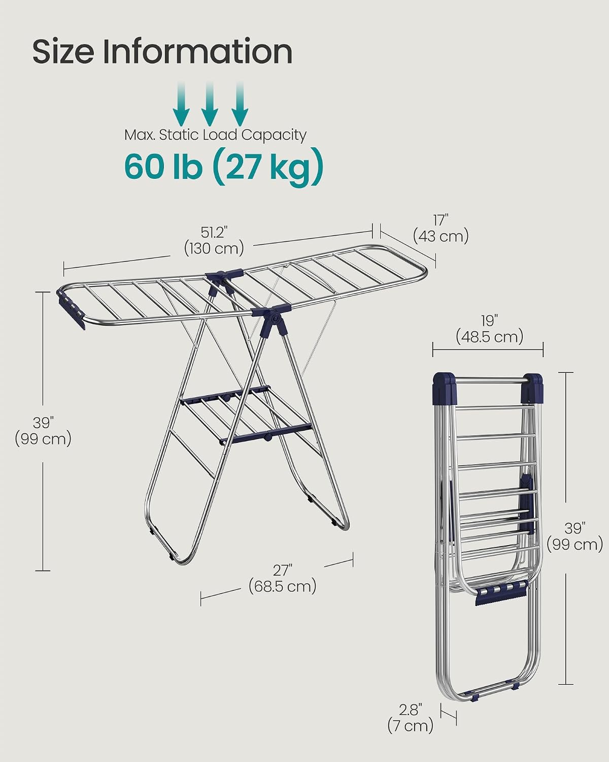 SONGMICS Clothes Drying Rack, Foldable Laundry Drying Rack, Sock Clips, Metal Clothes Airer with Height-Adjustable Gullwings, Space-Saving, Indoor Outdoor, 17 x 51.2 x 39 Inches, Blue ULLR505EQ01