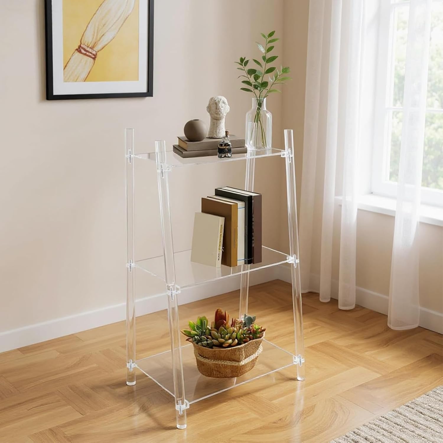 3-Tier Acrylic Ladder Bookshelf, Floor-Standing Clear Display Shelf for Books Decorations Multipurpose Storage Rack for Living Room Study Room Office