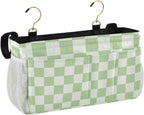 Checkered Mint Green and White Bedside Caddy for Dorm Bed Bedside Hanging Caddy Bag Iron Frame Storage Organizer Pocket for Bunk Home College Hospital Beds 2 Hooks