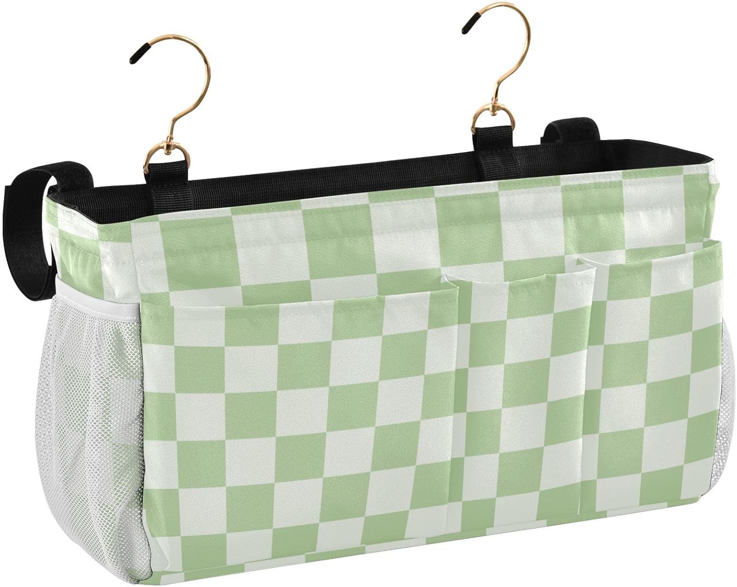 Checkered Mint Green and White Bedside Caddy for Dorm Bed Bedside Hanging Caddy Bag Iron Frame Storage Organizer Pocket for Bunk Home College Hospital Beds 2 Hooks