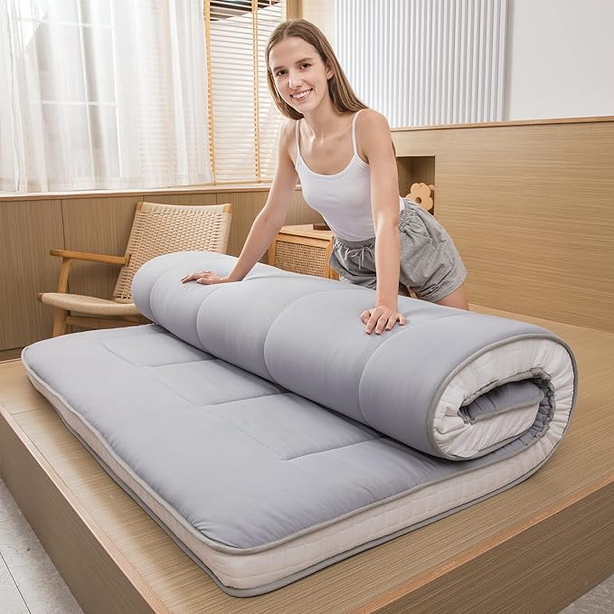 MAXYOYO Twin Bed Japanese Floor Futon Mattress, Camping Pad, Foldable and Portable Floor Bed Topper, Grey Single