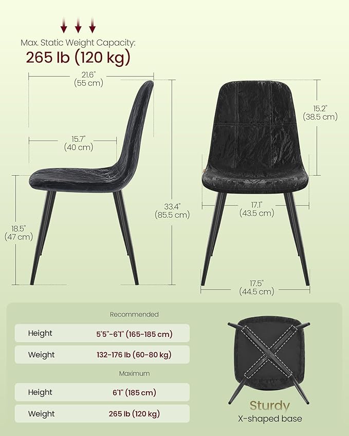 VASAGLE Set of 4 Dining Chairs, Dining Room Kitchen Chairs, Metal Frame, Adju...