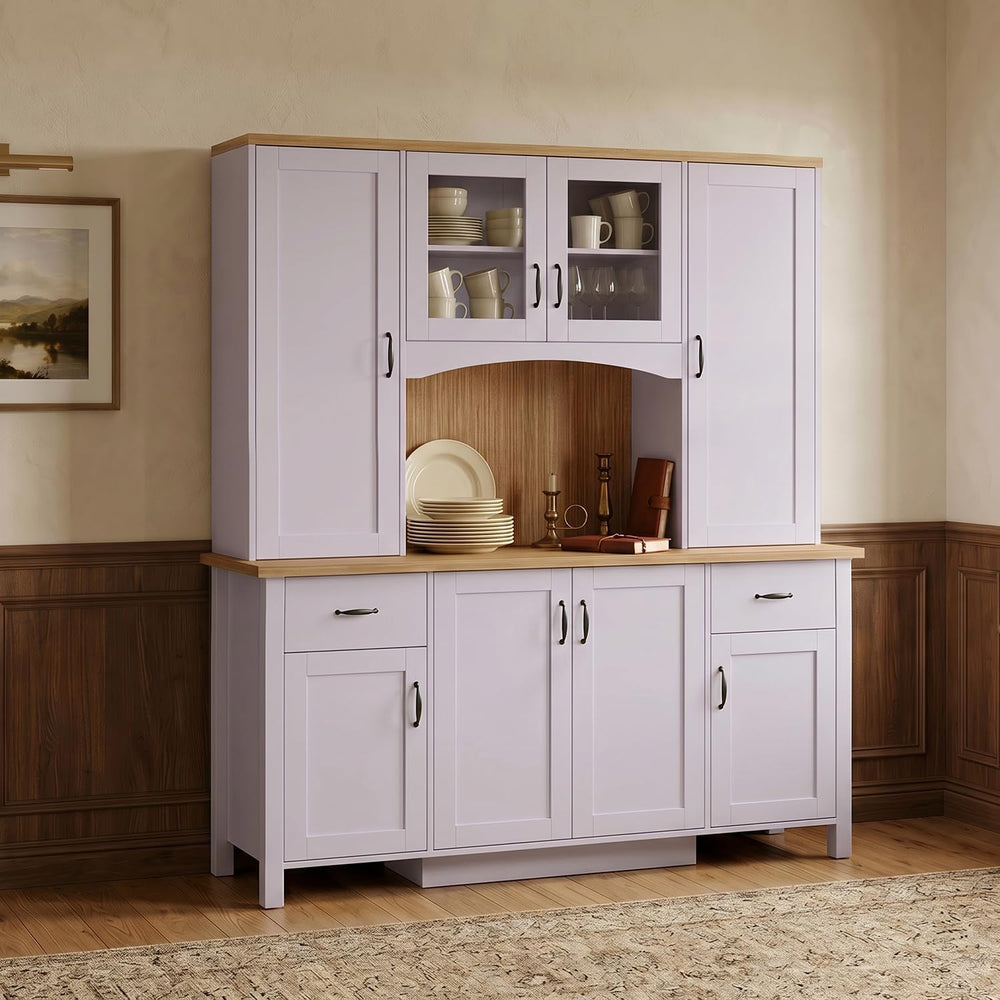 78.7” Farmhouse Kitchen Pantry Cabinet with Glass Doors & Hutch, Tall Pan...