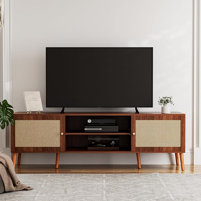 TV Stand for TVs up to 65'', Entertainment Center With Rattan Door, S...