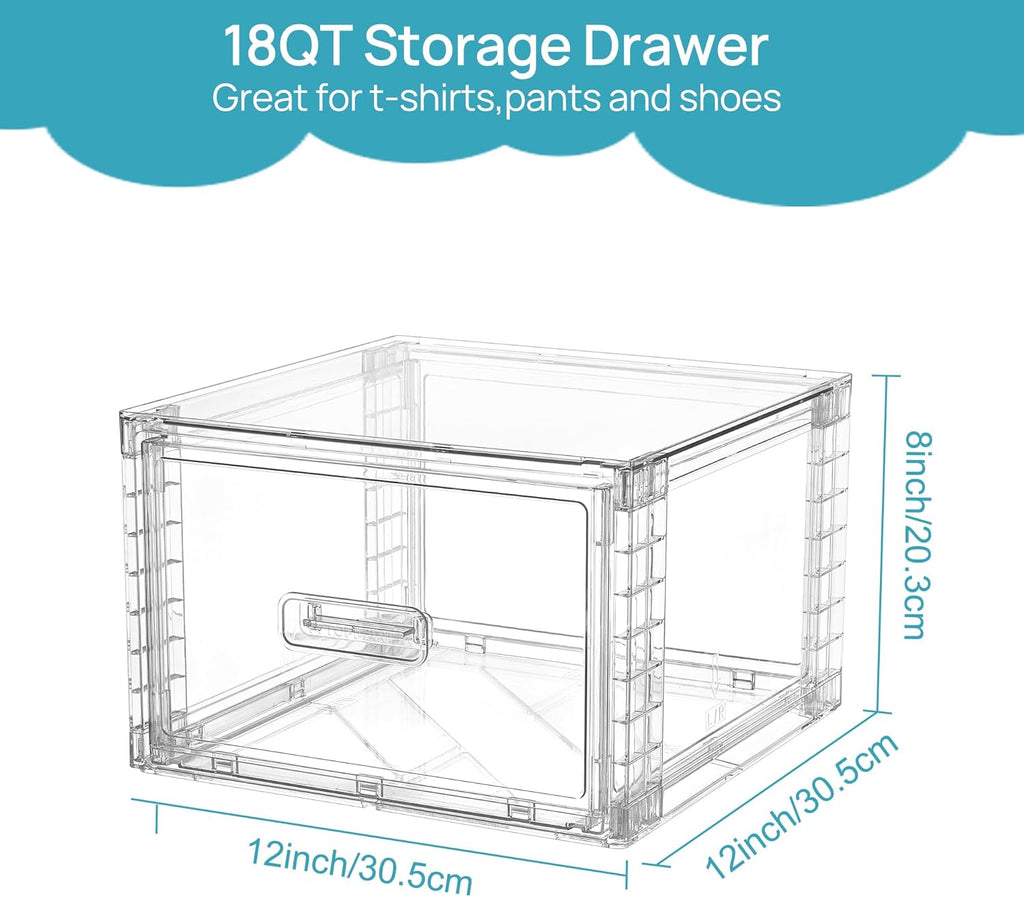 Vtopmart 3 Pack 18QT Clear Stackable Storage Drawers,Easily Assemble Closet Organizers,Plastic Storage Bins for Bathroom,Cabinet,Kitchen Pantry,Under Sink Organization(Medium)