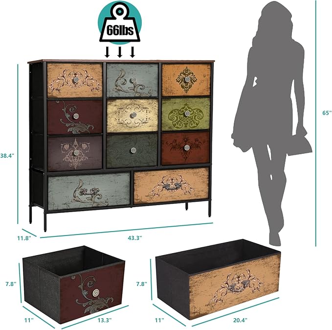 Dresser for Bedroom with 11 Deep Fabric Drawers, Tall Chests of Drawers, Wide TV Stand, Cube Storage Organizer for Closet, Nursery, Kid's Bedroom