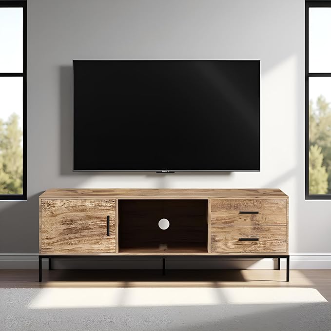 TV Stand for 55/60 Inch TV, Modern Wood Entertainment Center with Storage, 52" Media Console Table with 2 Drawers & Door Cabinet, Television Stands for Living Room & Bedroom (Rustic Brown)