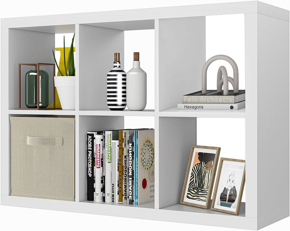 Bookshelf with Storage Bin, 6-Cube Storage Organizer, Modern Wood Open Bookca...