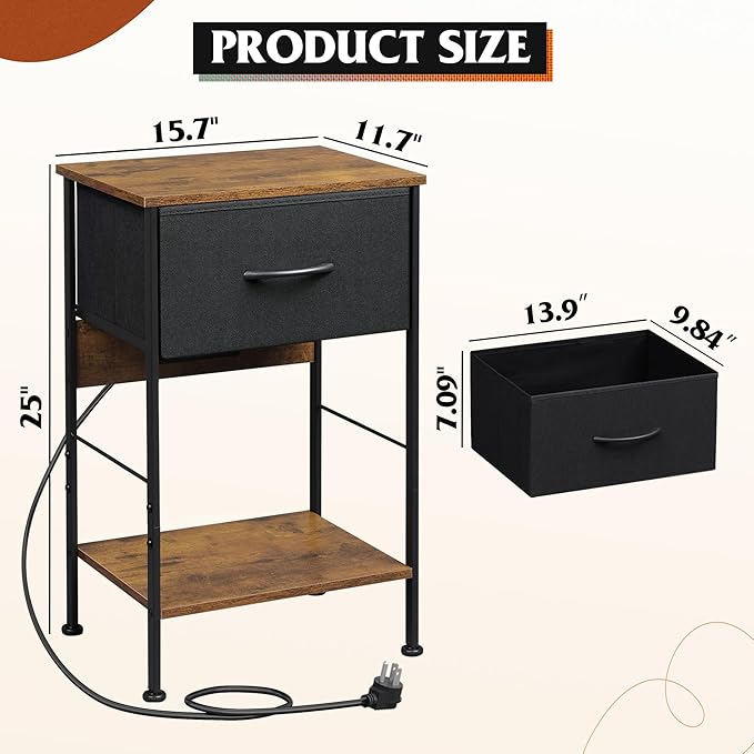 WLIVE Nightstand with Charging Station, Night Stand with 1 Fabric Drawer and ...