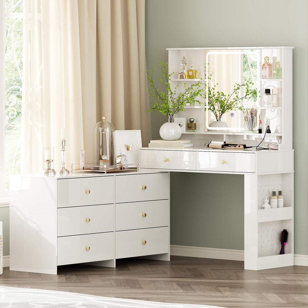 Ieejdn Makeup Vanity Desk with Mirror and Lights, Vanity Desk with 8 Drawers ...