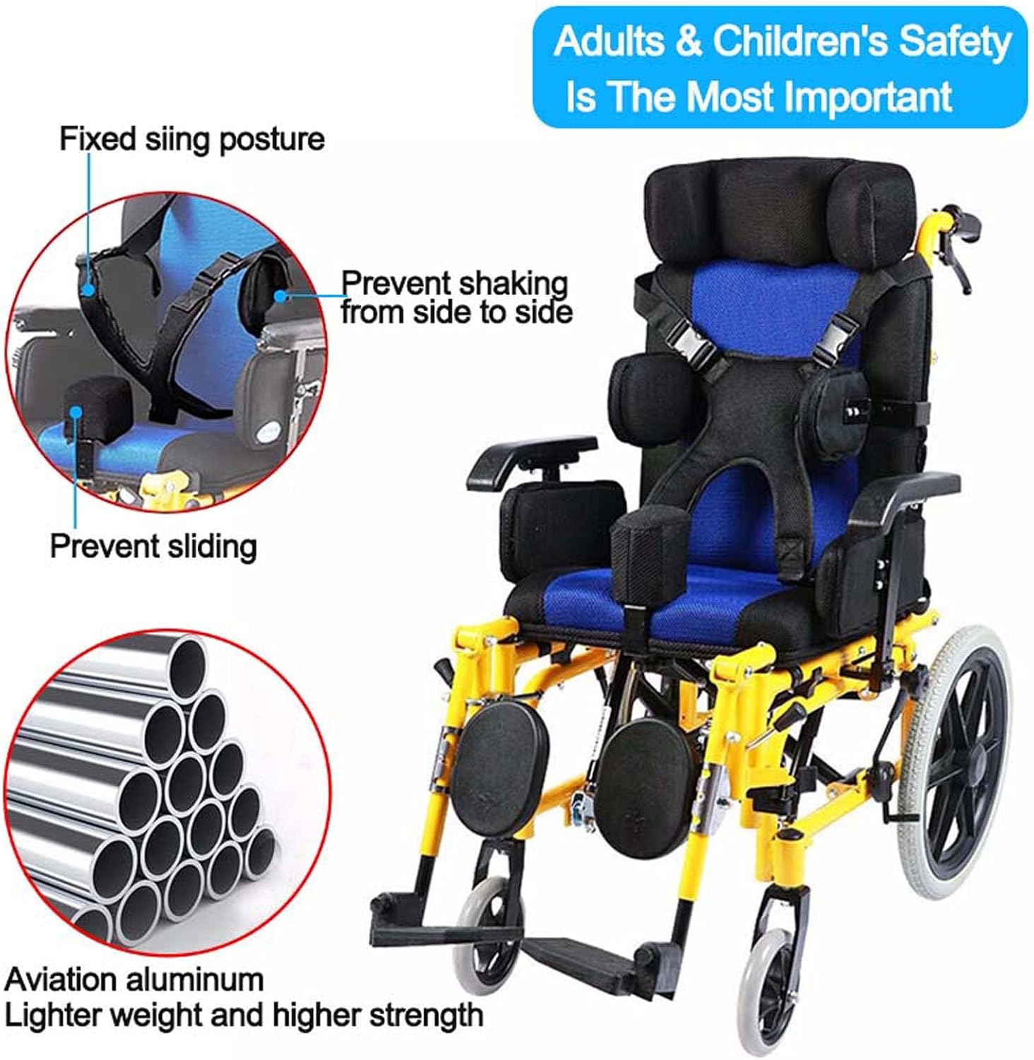 Kids Lightweight Folding Reclining Wheelchair with Adjustable Headrest - Full Lying Ergonomic Design Child Wheelchair, Armrest Height Adjustment, Sitting Position Control - Cerebral Palsy Wheelchair