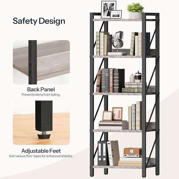 HOOBRO Bookshelf, 5-Tier Industrial Bookcase, Book Shelf Storage Organizer, T...