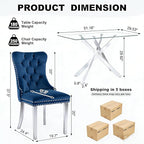 51 Inch Glass Dining Table Set for 4, Rectangular Glass Kitchen Table with 4 Upholstered Velvet Accent Chairs, 5 Piece Modern Dining Room Set, for Home, Apartment, Small Spaces - Blue Silver