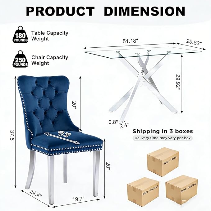 51 Inch Glass Dining Table Set for 4, Rectangular Glass Kitchen Table with 4 Upholstered Velvet Accent Chairs, 5 Piece Modern Dining Room Set, for Home, Apartment, Small Spaces - Blue Silver