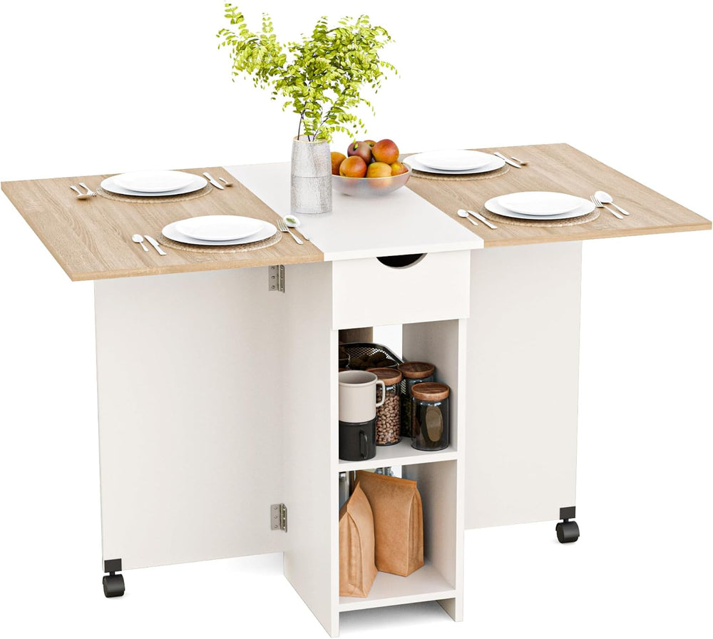 Mondeer Folding Dining Table with Drawer and Shelves, Oak & White | Drop ...