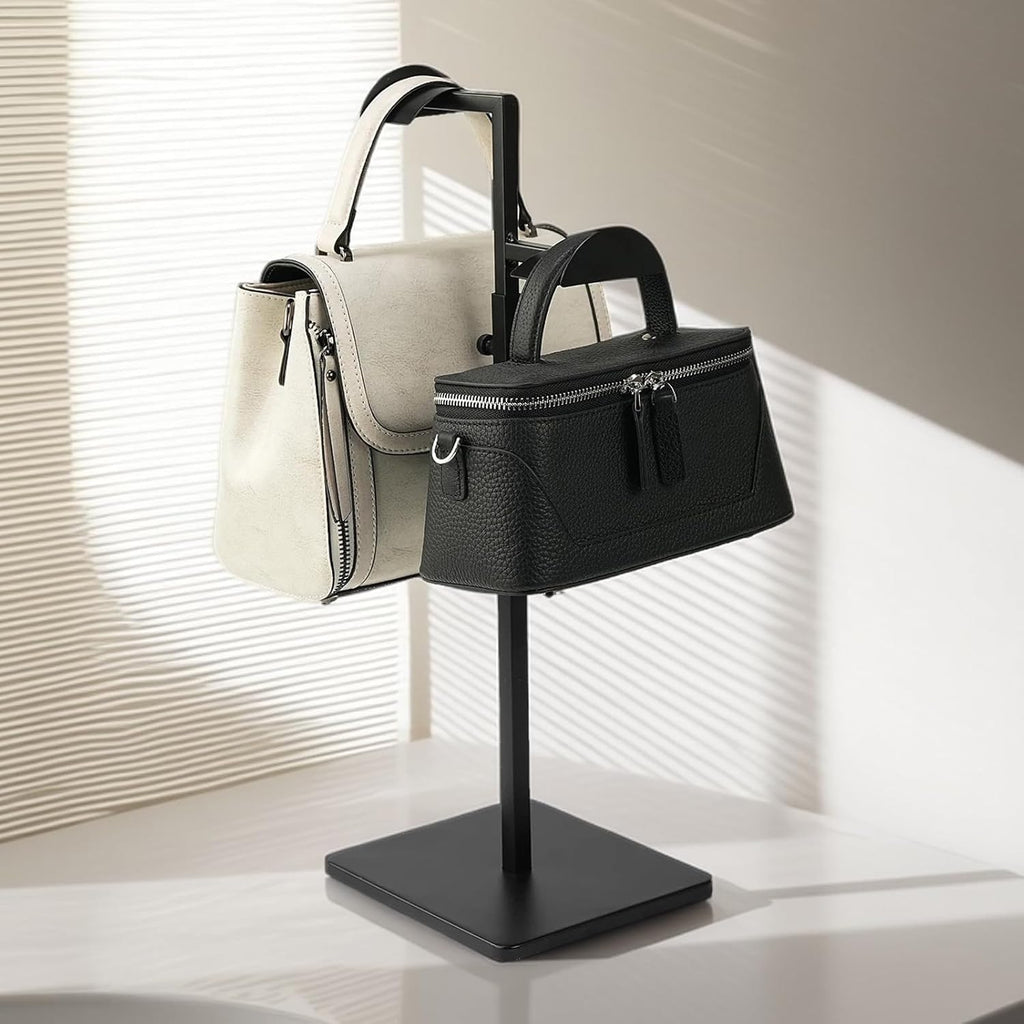 Two Tiers Handbag Display Stands - 2PCS Black Stainless Steels Purse Stand Holder Adjustable Height Display Rack for Retail Luxury Bag Organizer Home Store Boutique Retail Closet